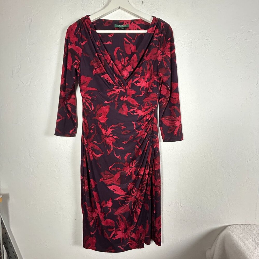 Lauren Ralph Lauren Red Purple Floral Print Faux Wrap Shift Dress Size 4 Stretch